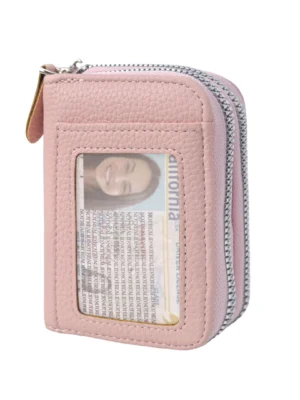 Compact Pink Zipper Wallet With Id Window