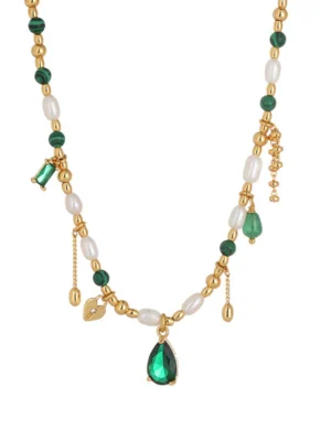 Elegant Beaded Necklace With Green And Pearl Accents