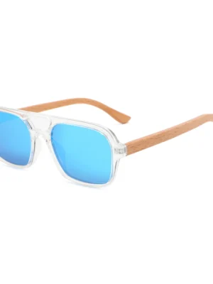 Modern Blue-Tinted Sunglasses With Wooden Temples