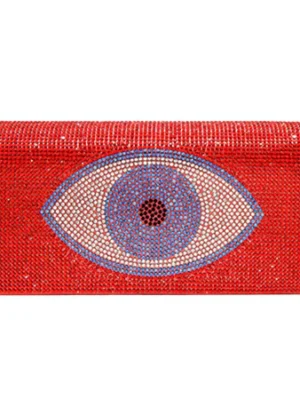 Vibrant Red Eye Embellished Clutch Bag