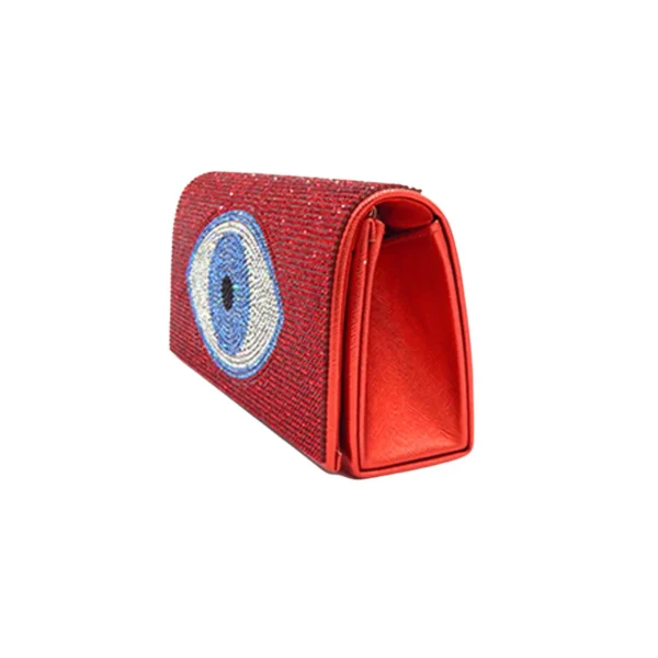 Vibrant Red Eye Embellished Clutch Bag